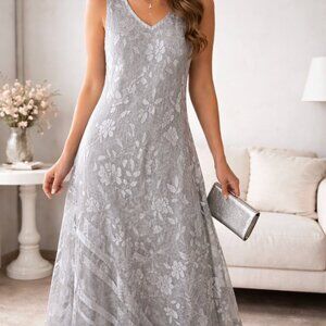 DAMIANOU Vintage Silver Floral Mesh Maxi Sleeveless Evening Dress size medium